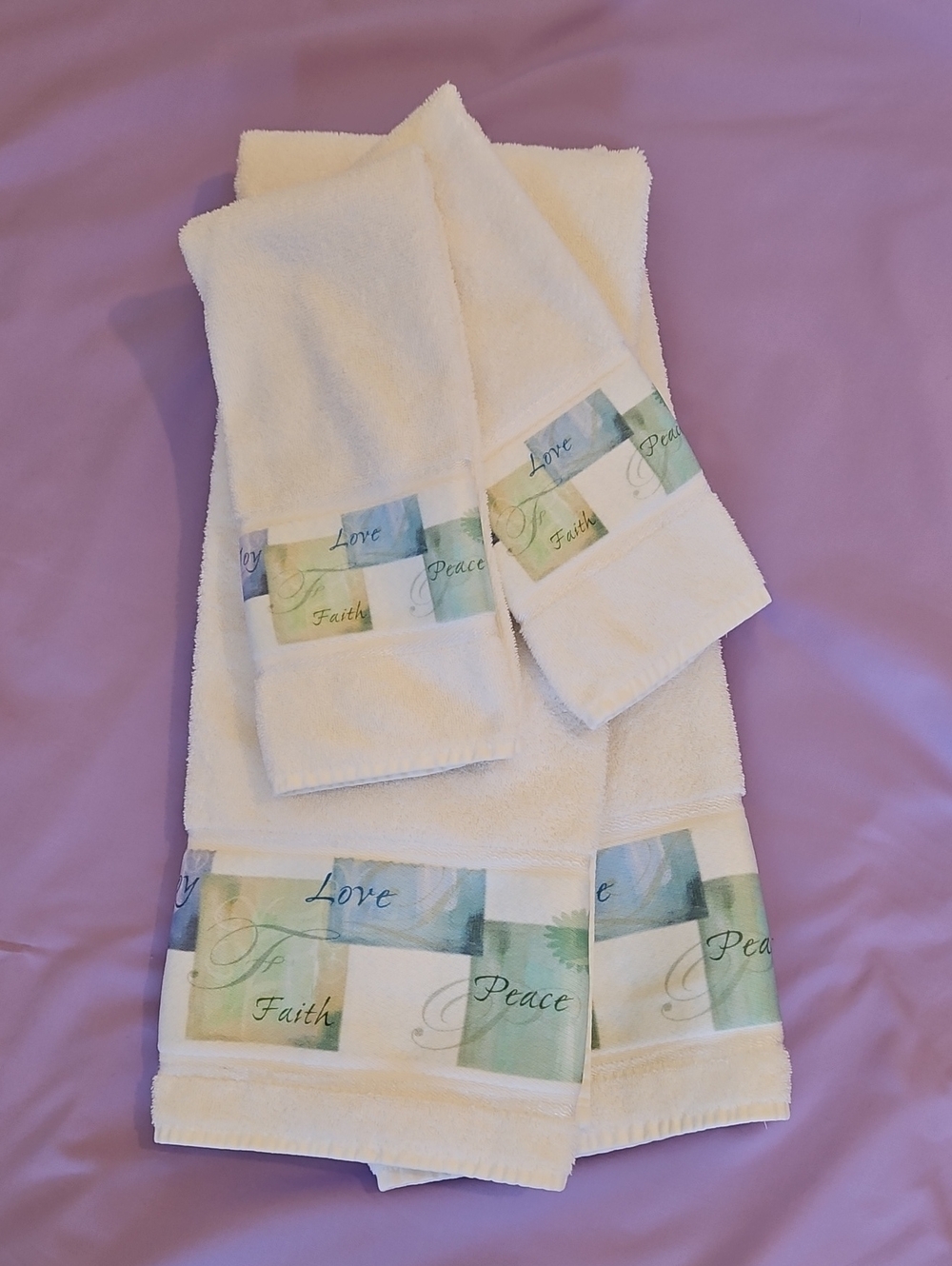 Saturday Knight Ltd. White Decorative Towels with Pastel Faith/Love/Peace Border